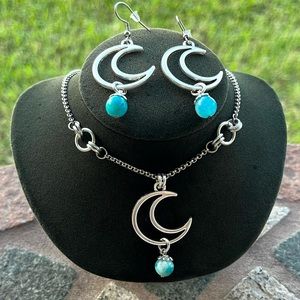 Set ! Crescent moon & blue hemimorphite gemstones beads necklace + earrings boho